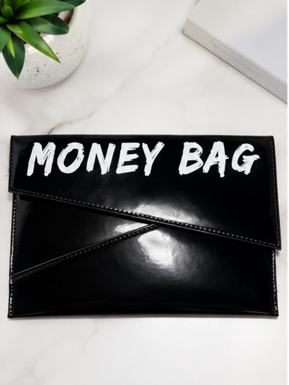 Black Patent “MONEY BAG” Envelope Clutch Statement Purse